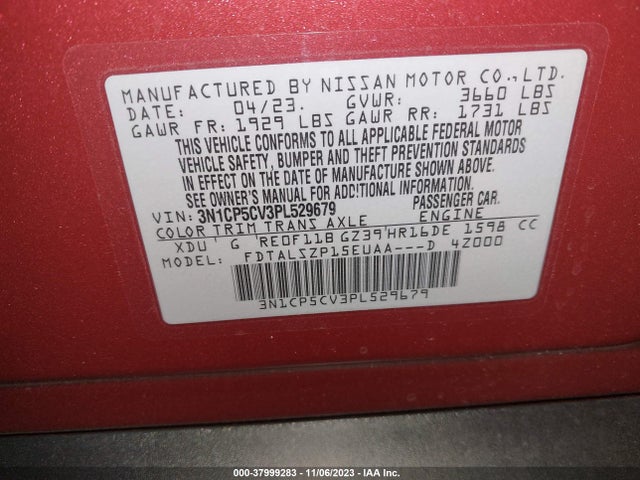 2023 NISSAN KICKS SV XTRONIC CVT VIN: 3N1CP5CV3PL529679