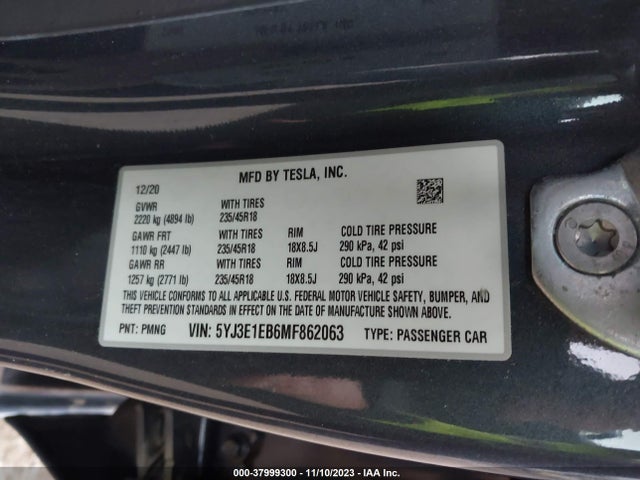 2021 TESLA MODEL 3 LONG RANGE DUAL MOTOR VIN: 5YJ3E1EB6MF862063