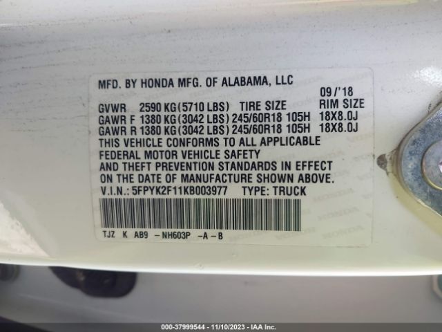 5FPYK2F11KB003977 Honda Ridgeline Sport