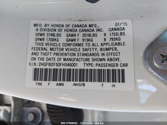 2015 HONDA CIVIC LX VIN: 2HGFB2F50FH546001