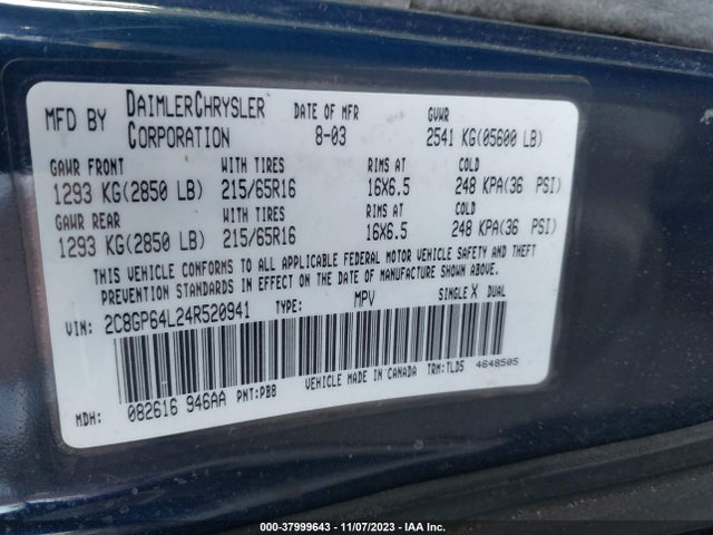 2004 CHRYSLER TOWN & COUNTRY LIMITED VIN: 2C8GP64L24R520941