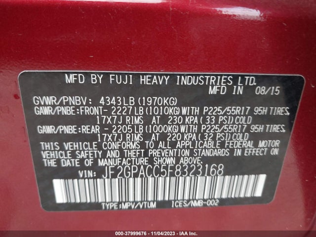 2015 SUBARU XV CROSSTREK 2.0I PREMIUM VIN: JF2GPACC5F8323168