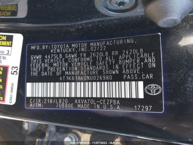 Toyota CAMRY XSE 2022 4T1K61AK0NU026980 Image 9