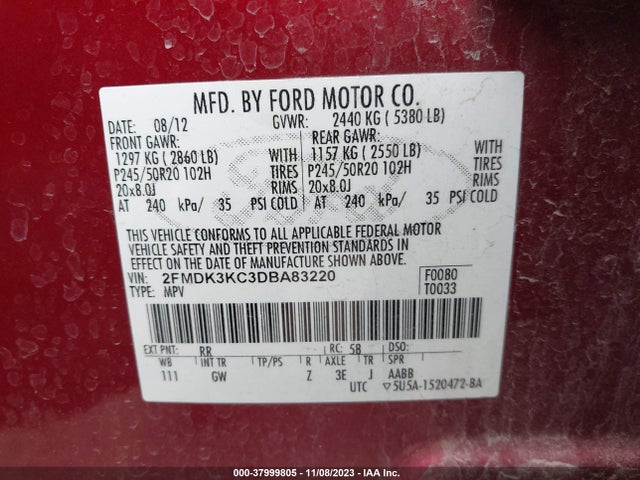 2013 FORD EDGE LIMITED VIN: 2FMDK3KC3DBA83220