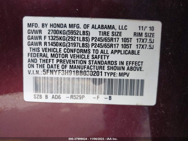 2011 HONDA PILOT TOURING VIN: 5FNYF3H91BB030201