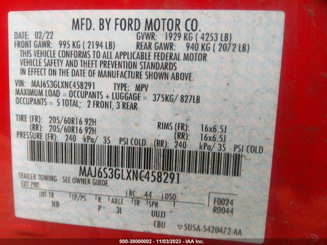 2022 FORD ECOSPORT SE VIN: MAJ6S3GLXNC458291