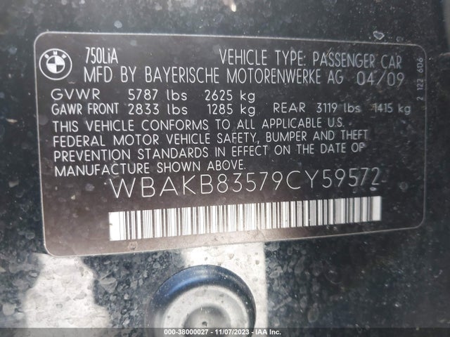 2009 BMW 750LI VIN: WBAKB83579CY59572