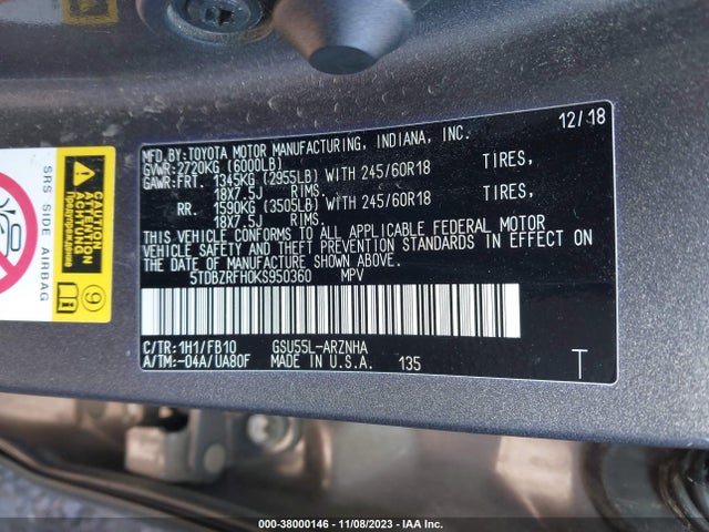Toyota Highlander Le 2019 5TDBZRFH0KS950360 Image 9