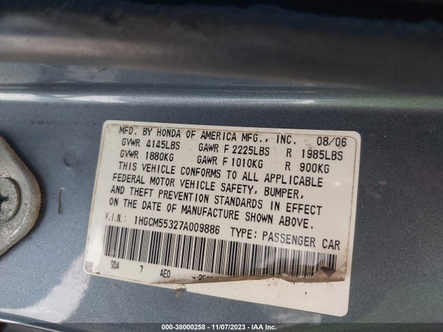2007 HONDA ACCORD 2.4 SE VIN: 1HGCM55327A009886
