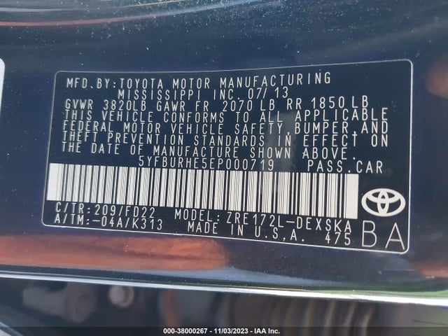 Toyota Corolla L/le/s/s Plus/le Plus 2014 5YFBURHE5EP000719 Image 9
