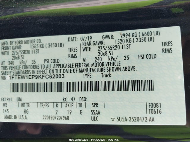 2019 FORD F-150 LARIAT VIN: 1FTEW1EP9KFC62003