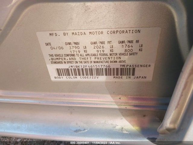 2006 MAZDA MAZDA3 I TOURING VIN: JM1BK12F461517766