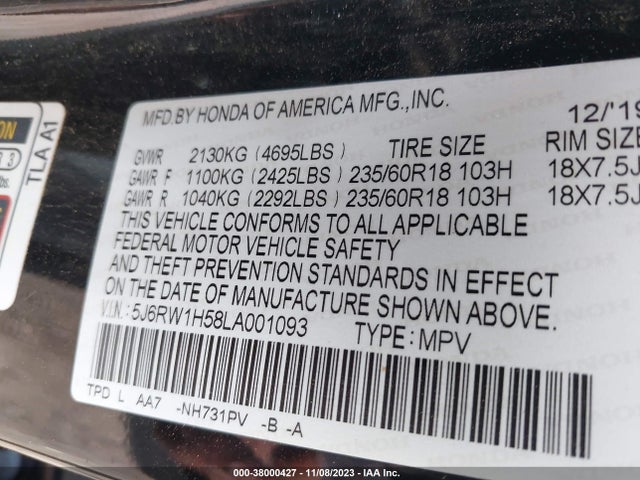 Honda Cr-v 2wd Ex 2020 5J6RW1H58LA001093 Image 9