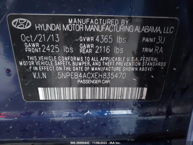 2014 HYUNDAI SONATA GLS VIN: 5NPEB4ACXEH835470