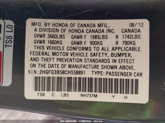 2012 HONDA CIVIC LX VIN: 2HGFG3B58CH558891