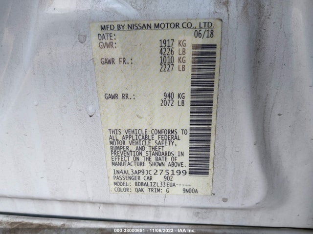 Продажа на аукционе авто 2018 Nissan Altima 2.5 Sv, vin: 1N4AL3AP9JC275199, номер лота: 38000651