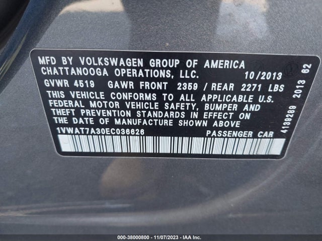 1VWAT7A30EC036626 Volkswagen Passat 1.8t Wolfsburg Edition