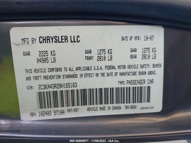 2008 CHRYSLER 300 LX VIN: 2C3KA43R28H165163