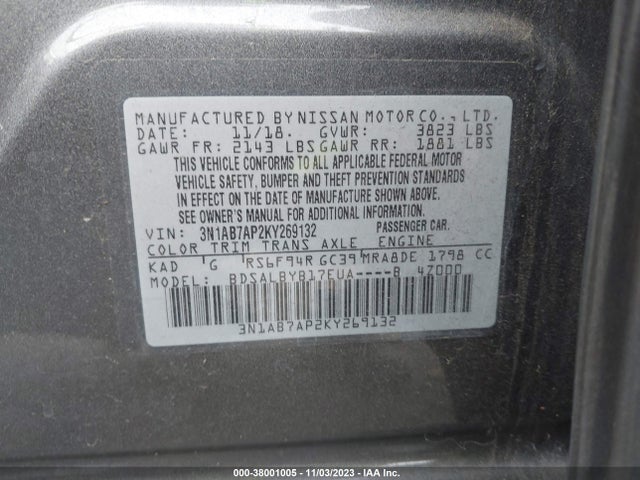 2019 NISSAN SENTRA S VIN: 3N1AB7AP2KY269132
