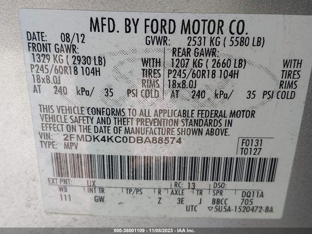 2013 FORD EDGE LIMITED VIN: 2FMDK4KC0DBA88574