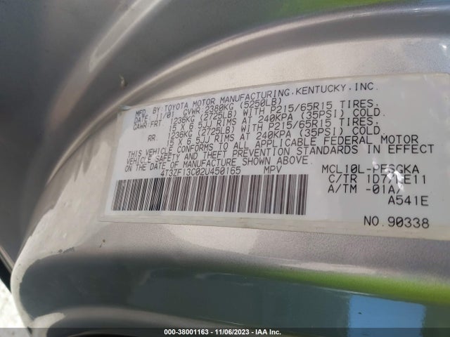 2002 TOYOTA SIENNA XLE VIN: 4T3ZF13C02U450165