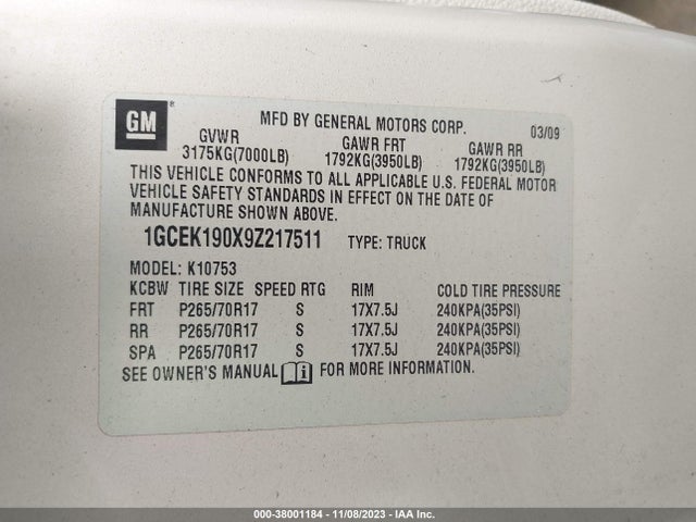 2009 CHEVROLET SILVERADO 1500 WORK TRUCK VIN: 1GCEK190X9Z217511
