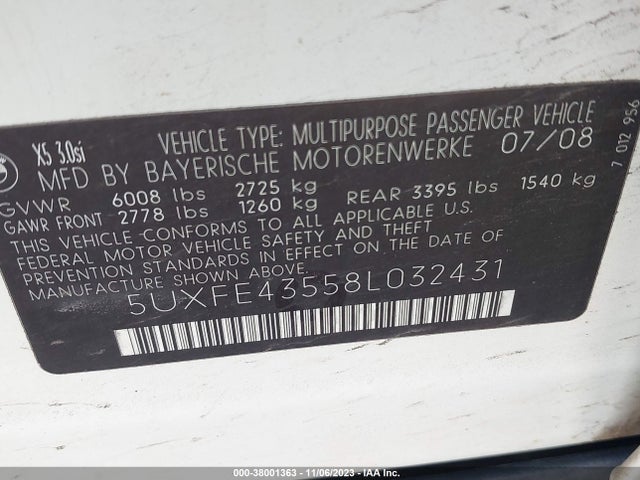 2008 BMW X5 3.0SI VIN: 5UXFE43558L032431