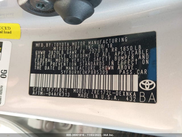 Toyota COROLLA LE 2019 5YFBURHE0KP885309 Image 9