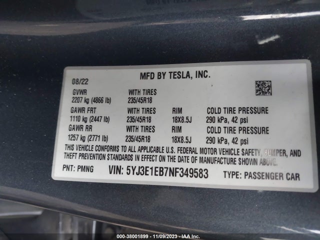 Tesla Model 3 Long Range Dual Motor 2022 5YJ3E1EB7NF349583 Image 9