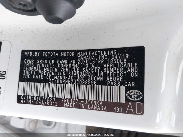 2018 TOYOTA COROLLA LE VIN: 2T1BURHE7JC098596