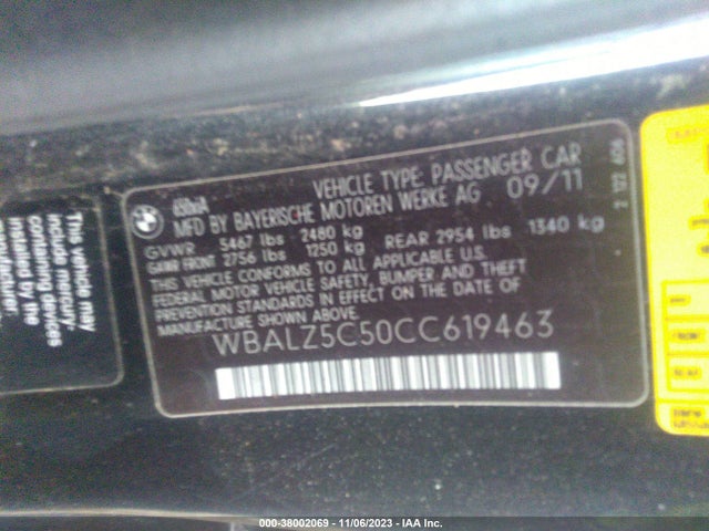 2012 BMW 650I XDRIVE VIN: WBALZ5C50CC619463