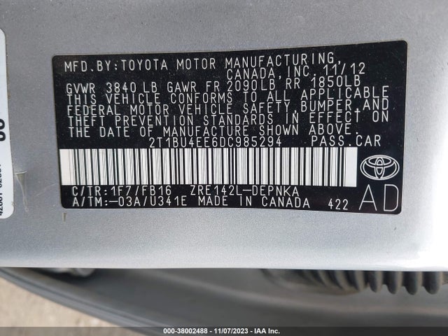 2013 TOYOTA COROLLA LE VIN: 2T1BU4EE6DC985294