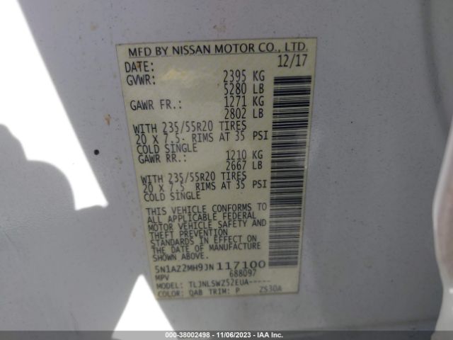 5N1AZ2MH9JN117100 Nissan Murano Platinum