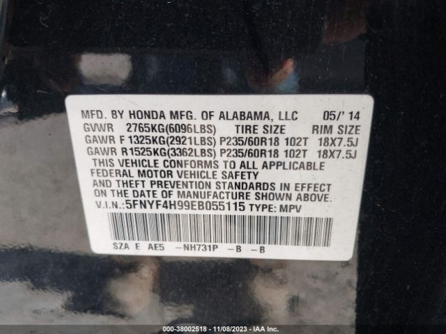 5FNYF4H99EB055115 Honda Pilot Touring