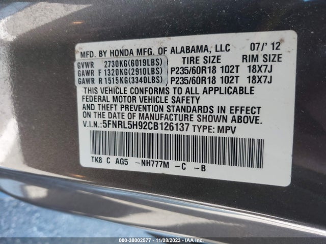 2012 HONDA ODYSSEY TOURING/TOURING ELITE VIN: 5FNRL5H92CB126137