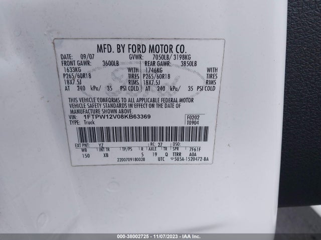 2008 FORD F-150 LARIAT/XLT VIN: 1FTPW12V08KB63369
