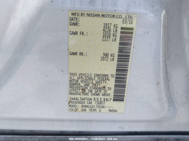1N4AL3AP5GN351367 Nissan Altima 2.5 Sl/2.5 Sr/2.5 Sv/2.5/2.5 S