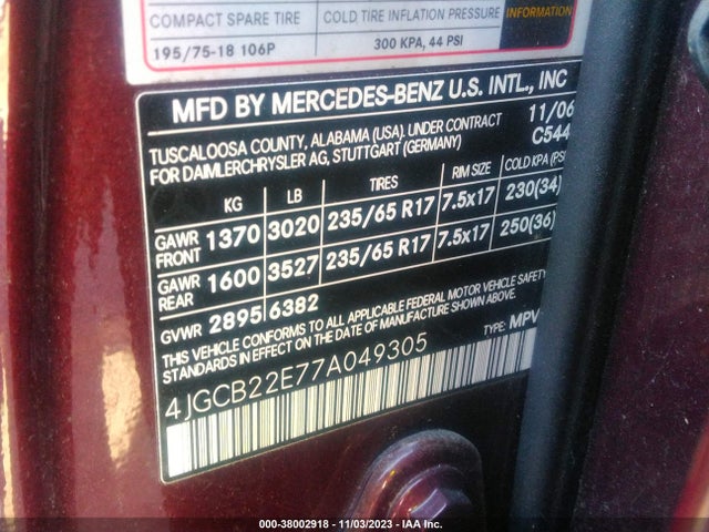 38002918 :رقم المزاد ، 4JGCB22E77A049305 vin ، 2007 Mercedes-benz R 320 Cdi 4matic مزاد بيع