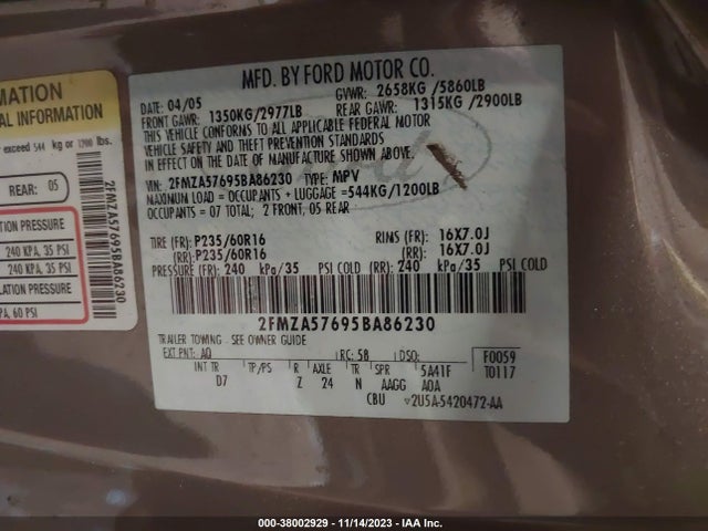 2005 FORD FREESTAR SES VIN: 2FMZA57695BA86230