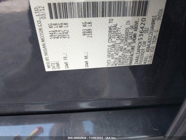 2012 NISSAN ALTIMA 2.5 S VIN: 1N4AL2AP4CN536420