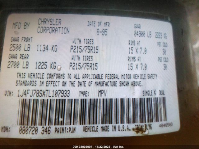 1996 JEEP CHEROKEE 1J4FJ78SXTL107933 Photo 8