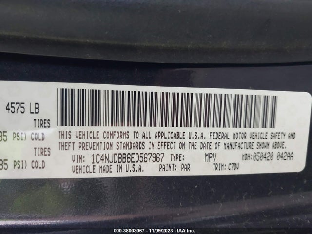 2014 JEEP COMPASS SPORT VIN: 1C4NJDBB6ED567967