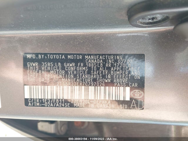 2007 TOYOTA COROLLA LE VIN: 2T1BR32EX7C797026