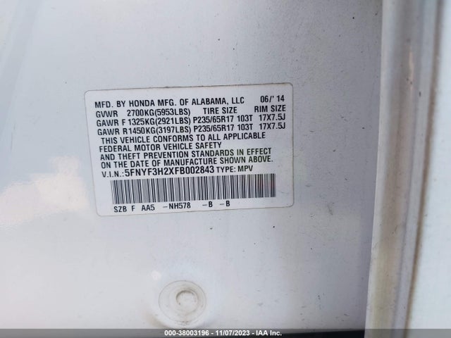 Honda PILOT LX 2015 5FNYF3H2XFB002843 Image 9