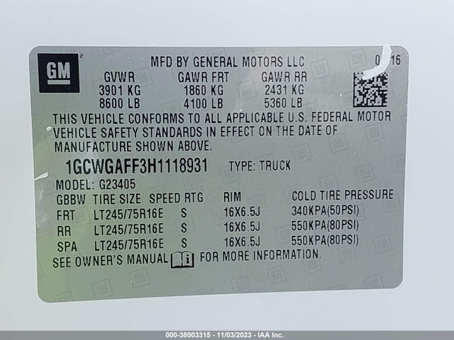Chevrolet EXPRESS CARGO VAN 2017 1GCWGAFF3H1118931 Image 9