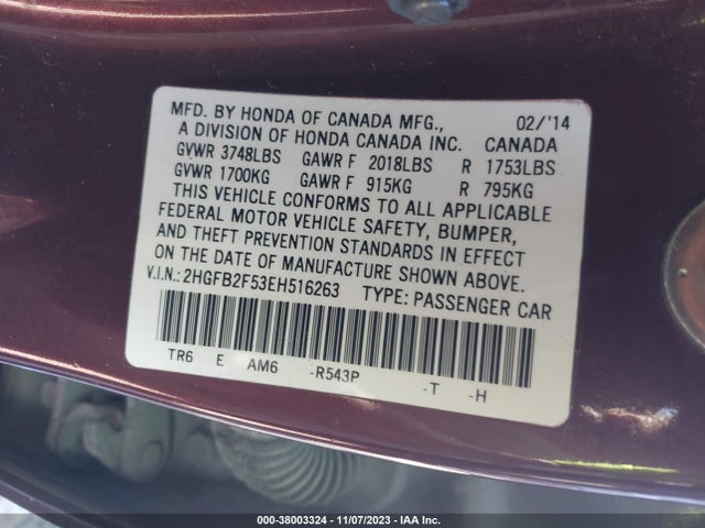 2014 HONDA CIVIC SEDAN LX VIN: 2HGFB2F53EH516263