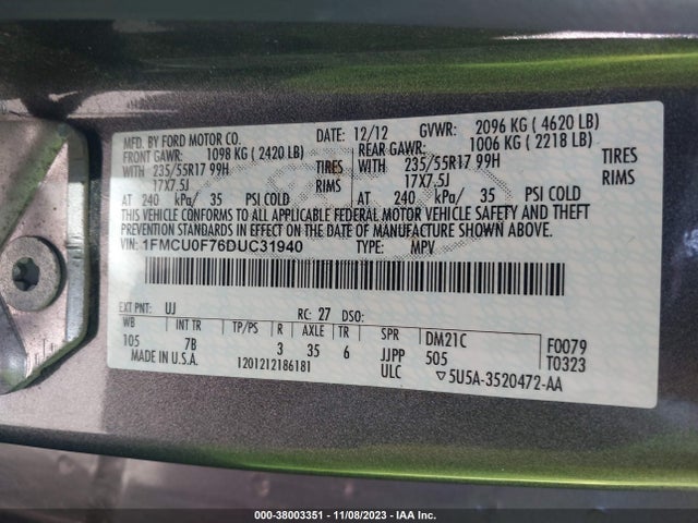 2013 FORD ESCAPE S VIN: 1FMCU0F76DUC31940