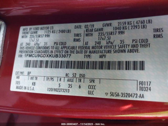 1FMCU9GDXKUB33077 Ford ESCAPE SE