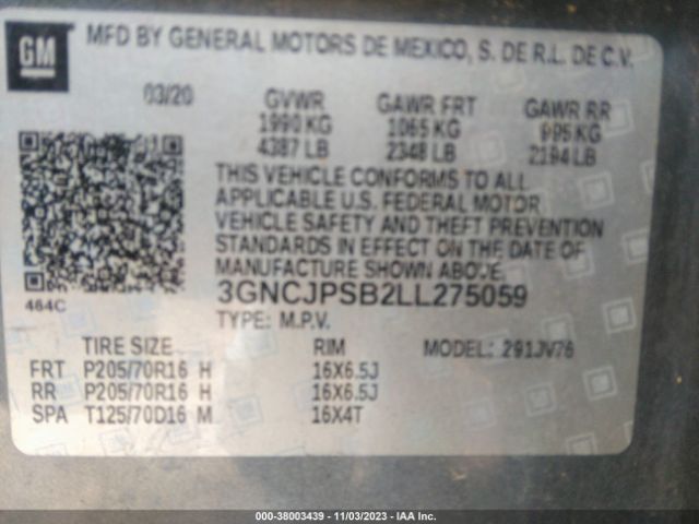 3GNCJPSB2LL275059 Chevrolet Trax Awd Lt