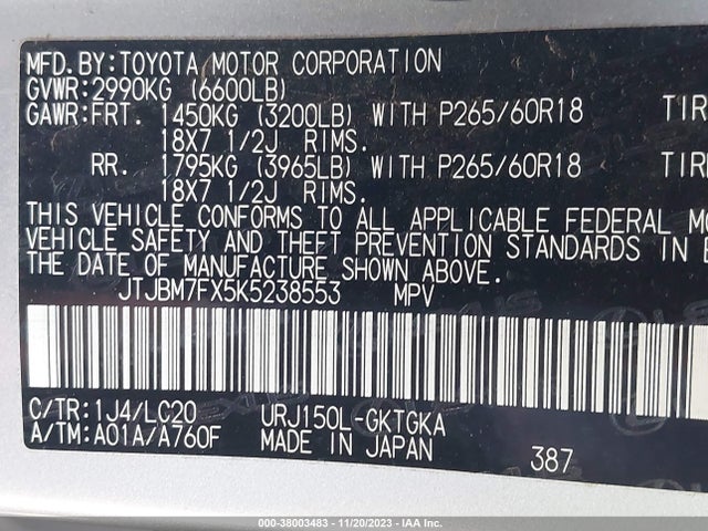 JTJBM7FX5K5238553 Lexus 460 Premium